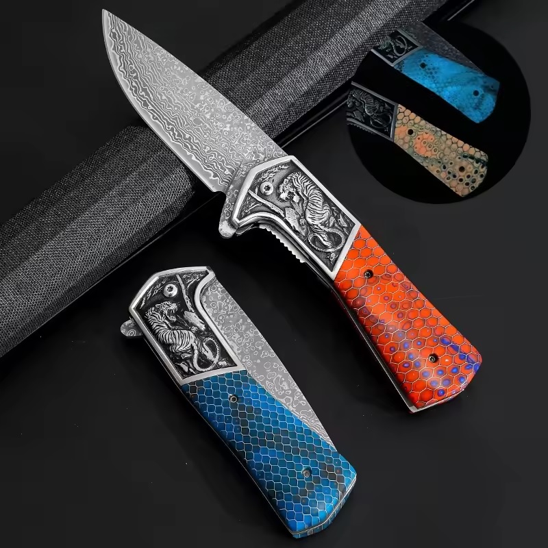 Damaškový outdoorový skladací nôž CO-32807 DA3244 - Modrá