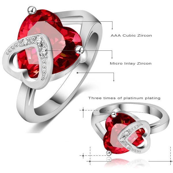 Prsteň Red Heart - Strieborná / 59mm